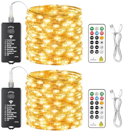SINAMER Lichterkette Batterie Aufladbar Außen, 2 Stück 10m 100 LED | Fernbedienung, Lichtsensor, Timer und 8 Modi, Wasserdicht, Für Weihnachten Hochzeit Outdoor Zimmer Innen Deko (Warmweiß)