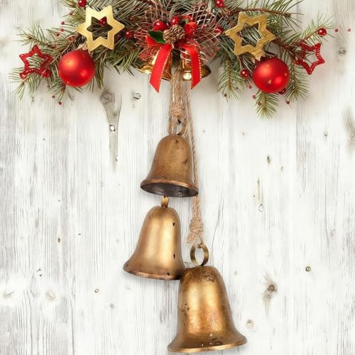 Campanas de Navidad de metal rústico, juego de campanas de vaca de oro antiguo de 3 pulgadas con cuerda de yute, campana de vaca vintage hecha a mano rústica decoración colgante de Navidad, para