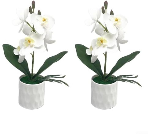 Flores artificiales de orquídea Phalaenopsis en maceta, material plástico, 26 x 14 cm, colores mezclados, arreglo encantador para decoración del hogar, oficina, boda, evento (blanco)
