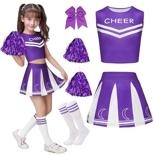 XFOZDM Cheerleader Kostüm Kinder Cheerleader Kostüm Mädchen Cheerleading Uniform Kleid mit Haargummi Pompoms und Socken Cheer Leader Outfit Kinder Faschingskostüme für Karneval Halloween Cosplay