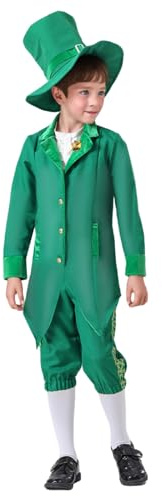 Costume de leprechaun pour enfants - Pour garçons et filles - Tenue de la Saint-Patrick - Chapeau haut-de-forme, smoking et pantalon d'équitation - Vert - Style ethnique irlandais - Pour défilé de la