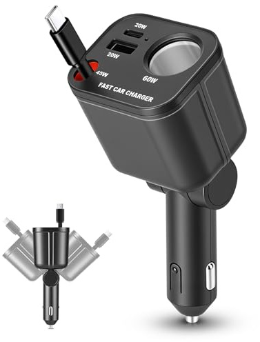4 IN 1 Zigarettenanzünder USB C Verteiler, 145W Auto Ladegerät KFZ Ladegerät mit Einziehbare Typ-C Kabel, 12V/24V USB Adapter Auto Kompatibel mit iPhone17/16/Samsung S26