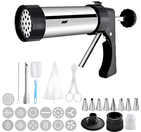 Packool Cookie Press Gun Kit, Baking Tools Set for DIY Cookie and Cake Decoration, 13 Cookie Mold Discs and 9 Piping Nozzles, Stainless Steel Cookie Press Machine, Icing Tips