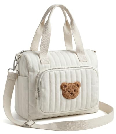 Disnace Wickeltasche für Unterwegs, Windeltasche mit Reißverschluss, Abwaschbar & Kompakt (11x24x20 cm), Organizer für Windeln, Feuchttücher & Spielzeug, Kleine Reisetasche Damen mit Bär Stickerei