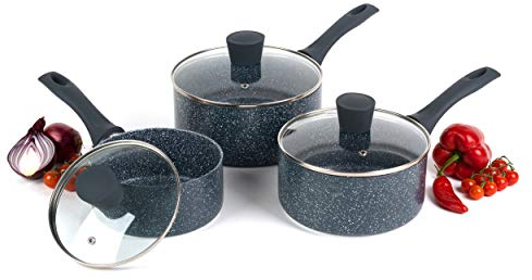 Russell Hobbs COMBO-4838A Nightfall Stone Saucepan Set, 3 Piece Pan Set, 16/18/20 cm, for All Hob Types Including Induction, Comfortable Bakelite Handle, Tempered Glass Lids, Blue Marble Aluminium