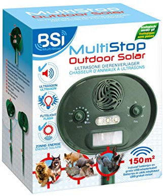 BSI - Multistop - Répulsif Ultrasons Et Flash - pour Lutter Contre Les Animaux Nuisibles - Couvre Une Surface Extérieure Jusqu'à 150m² - Adapté Aux Chiens Chats Gibier Ou Volatiles - Energie Solaire