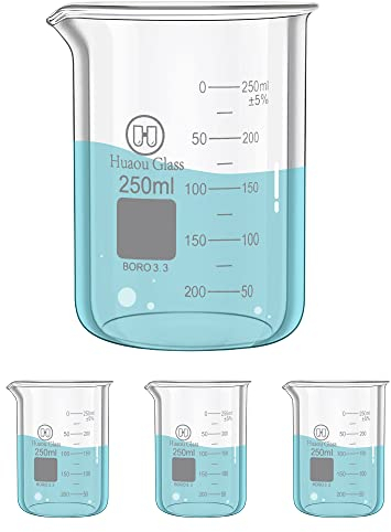 HUAOU 250ml Glass Beaker Set 3Psc Low Form 3.3 Borosilicate Glass Graduated Measuring Lab Beakers