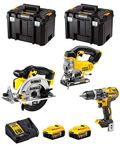 DeWALT Kit DWK300 (Taladro Percutor DCD796 + Sierra de Calar DCS331 + Sierra Circular DCS391 + 2 Baterías de 5,0 Ah + Cargador + 2 x TSTAK VI)