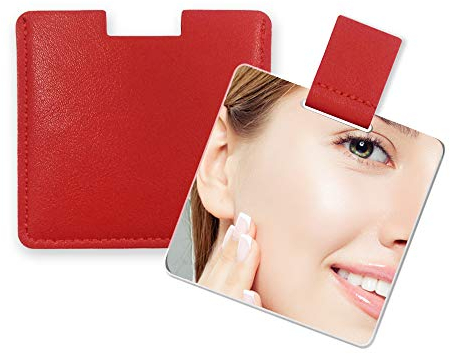 Specchio Piccolo Ultrasottile, in Acciaio Inossidabile Infrangibile, Con Custodia in Pelle PU, Facile da Trasportare. Può Essere Usato Come Specchio Trucco, Specchio Portatile. (Rosso)