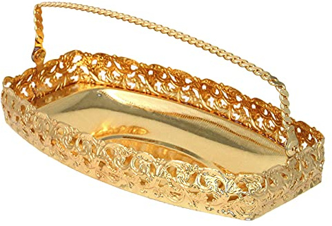 Sov Gold Serving Tray with Handle Rectangle Oval Decorative Mirrored Polish Paandan Tray Candle Cosmetics Jewellery Centrepiece Appetiser Fruit Platter Cupcake Snacks Drinks Tea Serving Tray