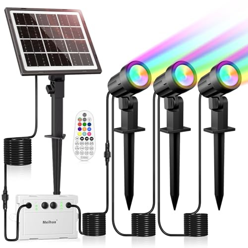 MEIHUA Solar Spotlight Utomhus 10 Färger 30 Dynamiska Lägen 2 Ljusnivåer IP66 Vattentät Timer Solar Garden Lampor Solar Ljus för Gård Uteplats Pool Träd Halloween Jul