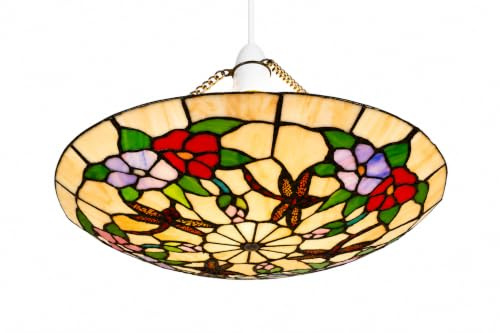 Loxton Lighting - 35cm Dia' Tiffany EasyFit Floral Dragonfly Uplighter - Beige, Red, Lilac and Green Stained Glass - Perfect for bedrooms, Living Rooms and hallways