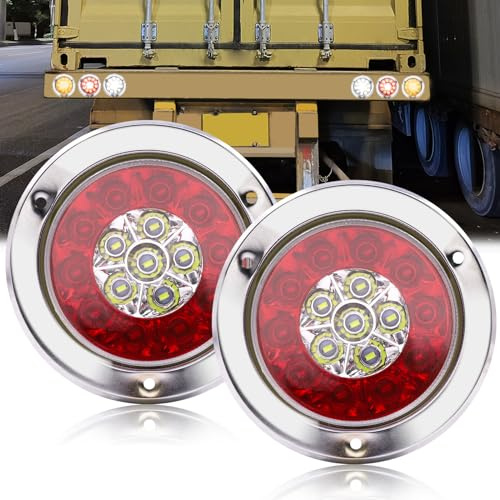 Ygmylandbb LED Feu de Freinage Feu, Une paire de 4 pouces rondes 16 LED camion remorque arrêt de frein tourner feu arrière anneau double couleur, 12V/24V Lot de 2 (Rouge&Blanc, Chrome)