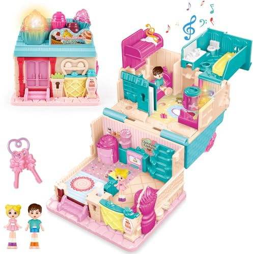 deAO Mini Puppenhaus Mädchen, Miniature Dollhouse Mit Licht und Musik | Bakery Pocket World zum Mitnehmen, Geburtstagsgeschenke Weihnachtsgeschenke für 3+ Jahre, Tolles Geschenk für Kinder