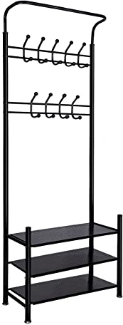 Hengsong Garderobenständer mit Schuhablage,Schwarz,mit Kleiderstange&Schuhregal,3-in-1 Design,9 Haken,Flurgarderobe&,Schuhschrank,3 Ablagen,Metall,ca.190Hcm,Schwarz