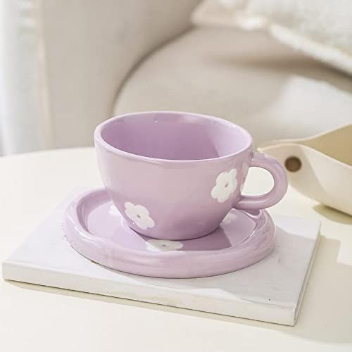 Faccina Arcobaleno Tazza da caffè in ceramica Pomeriggio Fiore Tazza da tè e piattino Set Tazza Latte Colazione Piattino per pane, fiore viola, 250 ml