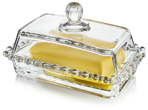 Mantequillera de vidrio transparente de 6.5 pulgadas con tapa con asa, diseño clásico de 2 piezas para encimera, apto para lavavajillas