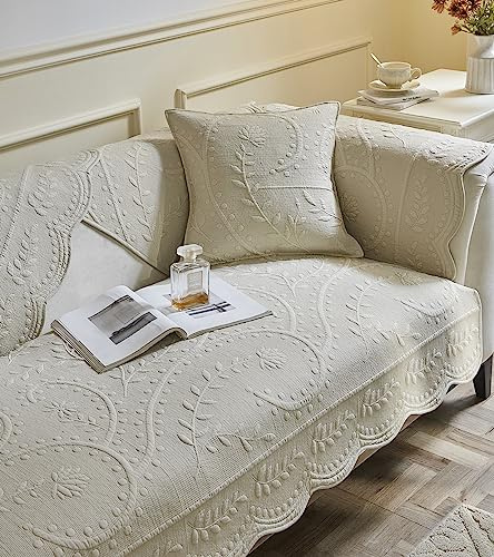 vctops Set of 2 Cotton Quilted Throw Pillow Covers for Couch Bed Sofa Floral Leaves Embroidery Cushion Covers (Beige,18x18)