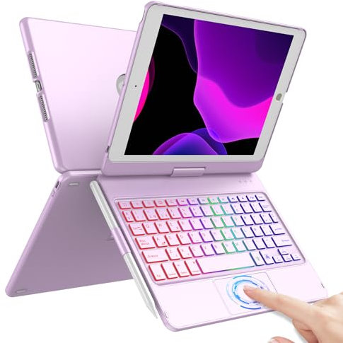 CC Store Teclado para iPad 9 Generacion,Teclado Español Ñ Bluetooth de Carcasa Rígida Giratoria 360° con Touchpad y 7 Colores de Retroiluminación para iPad 10.2 9ª/8ª/7ª Gen, Púrpura