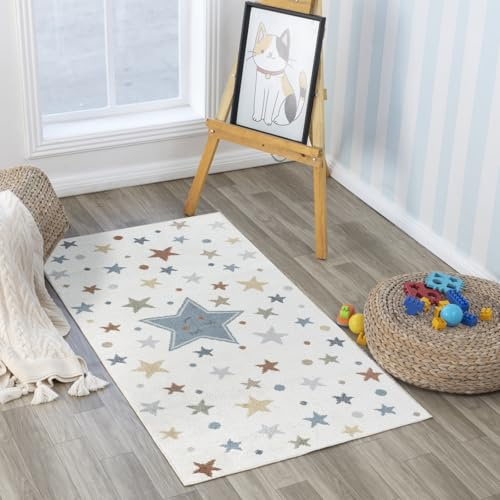 Livabliss Sterne Kinder waschbar - Cartoon 80x150 cm, Waschbarer Kinderzimmer oder Babyzimmer, Krabbel oder Spiel - Babymatte für Jungen & Mädchen, Creme und Blau