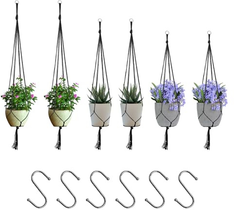 COACOM 6 Pezzi Cestino Sospeso in Pizzo Con 6 Ganci, Cestino in Corda di Cotone, Vaso da Fiori Sospeso, Sacchetto di Rete per Vasi, Adatto per Interni, Esterni, Giardino, Terrazzo, Finestra (Nero)