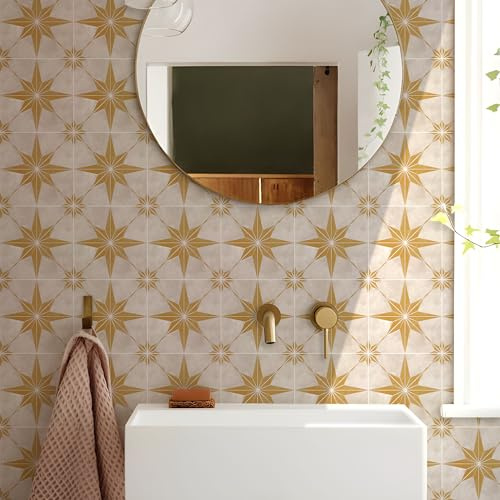 Fliesenaufkleber Retro Gelber Stern Klebefliesen Wasserdicht Fliesenaufkleber Bad Fliesenaufkleber Küche Fliesenfolie Mosaikfliesen für Schrank Möbel Küchenrückwand Folie 20 Stück/15x15cm