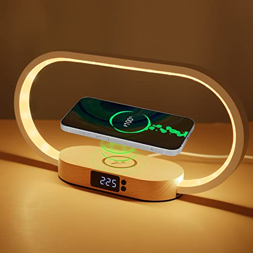 Bedside Lamp with Wireless Charger, LED Table Lamp with Touch Control, USB Port, 3 Color Modes & Clock, Dimmable Wooden Nightstand Lamp Modern Desk Lamp, Eye-Caring Night Light for Home Bedroom Office