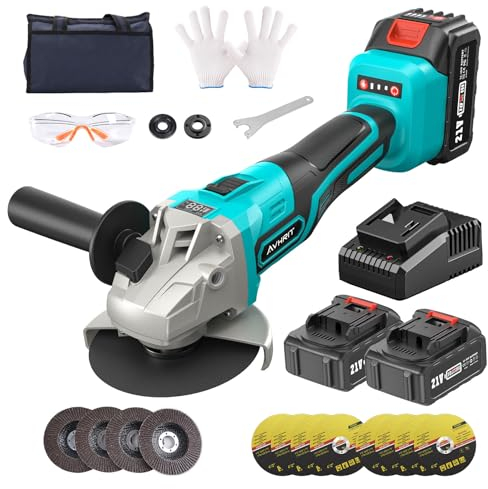 Amoladora angular inalámbrica de 125 mm, amoladora angular de 21 V con 2 baterías y cargador de 4.0 Ah, disco de lámina de amoladora angular de 9000 RPM para cortar, eliminación de óxido