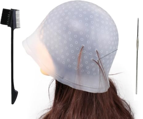 KARLOR Silikon Highlight Kappe Set, Strähnenhaube mit Stahlnadel & Kamm/Bürste, Strähnenhaube mit löchern Strähnchen Set Highlights DIY Haarfärben Haarstyling Werkzeuge