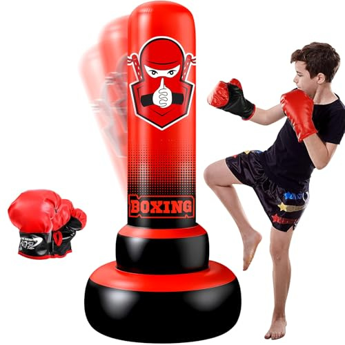 NZQXJXZ Uppblåsbar boxningssäck för barn, 16 cm (16 tum), stabil fristående boxningsdummy med boxningshandskar, leksak för pojkar och flickor