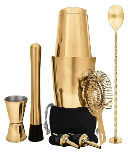 REEKOS Coctelera para Cocteles Juego de Coctelera Coctelera Boston de Acero Inoxidable con coctelera Inferior, Vaso coctelera Coctelera de Cóctel Coctelera para Cócteles(Gold)