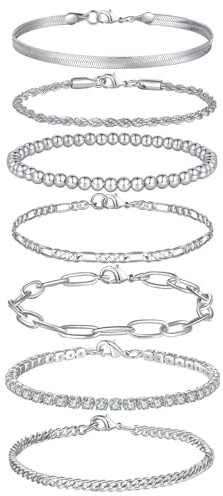 FANCH 7Pcs Bracelets for Women 14K Gold Plated Figaro Cuban Tennis Snake Paperclip Chain Bracelet Twist Herringbone Stackable Silver Bracelets Set for Women Adjustable CZ Link Charm Bracelets Set
