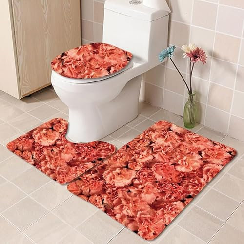 Bad Teppiche Set Orange Red Floral Badezimmerteppich Waschbar WC Vorleger mit Ausschnitt und WC Deckelbezug 3 Teilig Badematte rutschfest Toilettensitzbezug Badgarnitur 50x80 cm