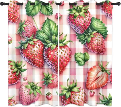 Vorhang Blickdicht Gardinen Mit Ösen - 2 Stücke 170 (B) X 200 (H) cm Verdunklungsvorhänge 3D Fruchterdbeere Muster Thermovorhang Für Kinderzimmer Schlafzimmer Weihnachtsgardinen 9426352392005