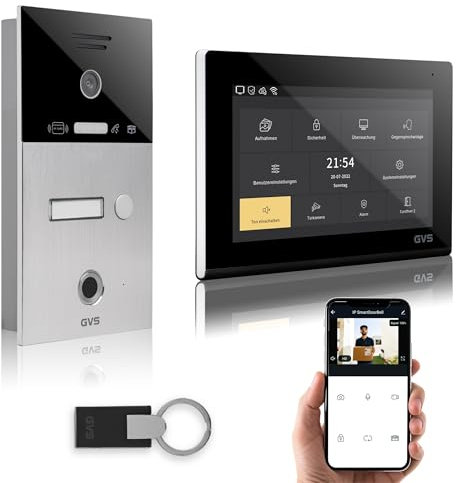 GVS - IP Video Türsprechanlage mit Türöffner, Fingerprint & RFID, HD Kamera, 1x 7 Zoll Monitor & App - Smarte Video Türklingel mit Kamera & Gegensprechanlage für 1 Familienhaus (AVS5084U)