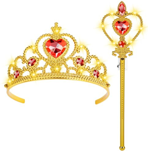 HOTUT Prinzessin Verkleiden,Prinzessin Zubehör Set,Eiskönigin Krone und Zauberstab mit Licht,Prinzessin Dress Up,Mädchen Dress up Zubehör für Party, Cosplay（Gelb）