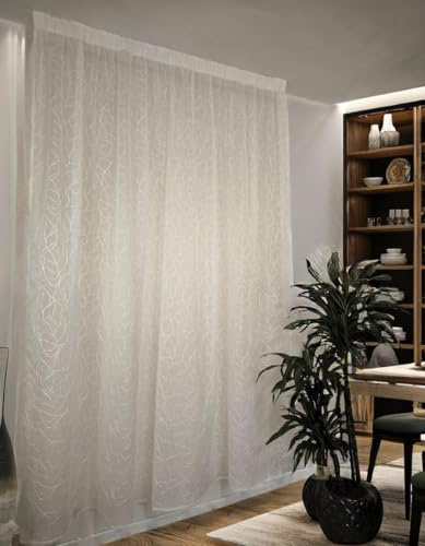 mauro Cortina Visillo con Bordado Blanco, Cinta fruncidora, Ideal para salón o Dormitorio. Compatible con rieles de 140/170 cm, Altura Ajustable 180-279 cm. 280 x 279 cm.