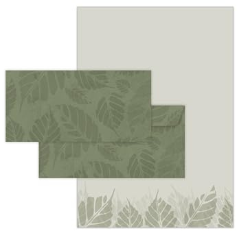 Briefpapier-Set 25 Briefbögen DIN A4 + 25 Umschläge DIN-lang ohne Fenster haftklebend - Papier beidseitig beschriftbar und bedruckbar für Taufe Kommunion Firmenpost naturelle hellgrüne Blätter