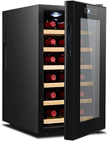 IUBGFTO Wine Cooler Freestanding Fridge 18 Bottle Home Bar Wine Cellar Digital Control Glass Door for Red White Champagne or Countertop Mini Refrigerator Wood Shelves-Wood Shelves