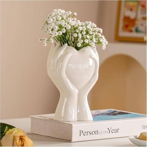 20cm Herz Hand Keramik Moderne Blumenvase für Wohnzimmer, Schlafzimmer Deko Aesthetic Nordic Stil für Zuhause, Büro, Couchtisch Regal Dekoration Geschenkidee für Frauen, Mama, Beste Freundin (Weiß)