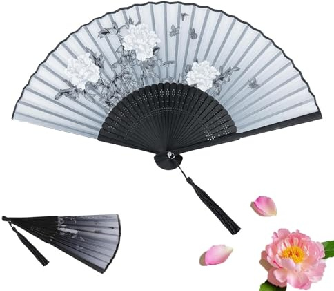 CALLYSONIC Fächer Handfächer Faltbare Schwarz, Damen Bambus Fächer, Vintage Hand Fan mit Quaste, für Hochzeite Bevorzugung Aufführung Tanz Dekoration (1)