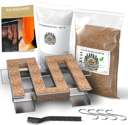 Generatore di affumicatori freddo/lumaca per affumicatoio carne e pesce + 1,2 kg di farina di faggio + 1 kg di sale nitrito + 4 ganci da macellaio e spazzola per la pulizia - E-book gratuito