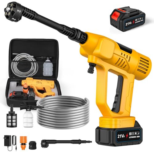 Hidrolimpiadora Bateria, 65 Bar Pistola de Agua a Presión con 1 Batería de 3,0Ah, Boquilla 6 en 1, Ajuste de Presión en 10 Niveles, Pantalla Táctil LCD para Coche y Jardín