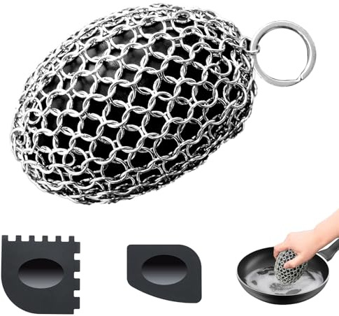 Chainmail Scrubber,Ergonomic Rugby Shape Desigs Cast Iron Cleaner Scrubber for Pan Pot Grill-Grill Scrubber Metal Scrub Sponge Skillet, Oven, Griddle, Wok Cleaning Brush