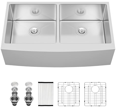 Sarlai 33 Farmhouse Sink Double Bowl- 33x21 Inch Apron Front Kitchen Sink Double Bowl 50/50 Stainless Steel 16 Gauge Round Corner Farm Farmer Kitchen Sinks