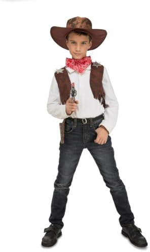 My Other Me - Disfraz Vaquero infantil unisex marrón y rojo | Incluye chaleco marrón tipo cuero, pañuelo rojo, sombrero, pistolera con pistola y placa de sheriff estrella