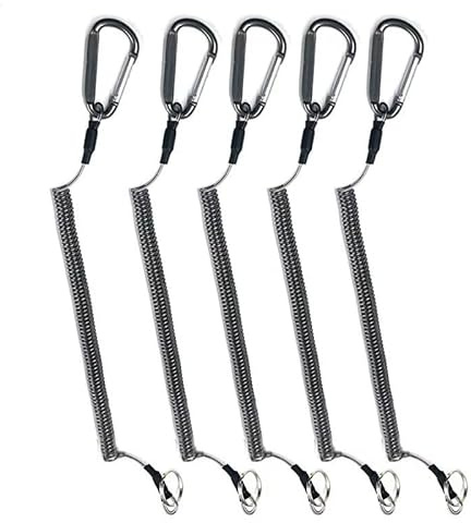 Packet of 5 Retractable Fishing Lanyard with Carabiner, 30cm Long Stretchies upto1m Spiral Cord, Heavy Duty Tool Tether (Black 5)