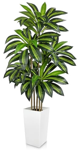 Briful Künstlicher Drachenbaum Große Kunstpflanzen, 150 cm Dekorative Kunstbaum als Indoor Bodenpflanze mit Weißem Topf, Dekopflanze für Wohnzimmer Büro Flur