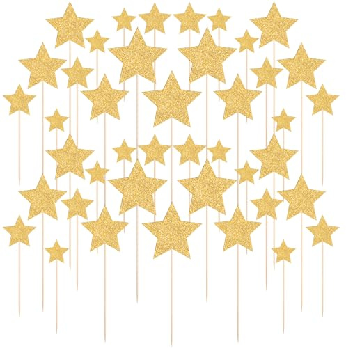 42 PCS Glitter Twinkle Star Cake Picks, Gold Star Cupcake Toppers | Wedding Engagement Baby Shower Birthday Party Cake Decorations Supplies, Mixed Size