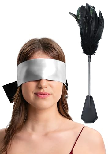 Feather Tickler 15 inch and Sexy Blindfold Eye Mask Satin 59, Feather Ticklers Teasers Silk Eye Mask, 2pcs Set for Bedroom Play